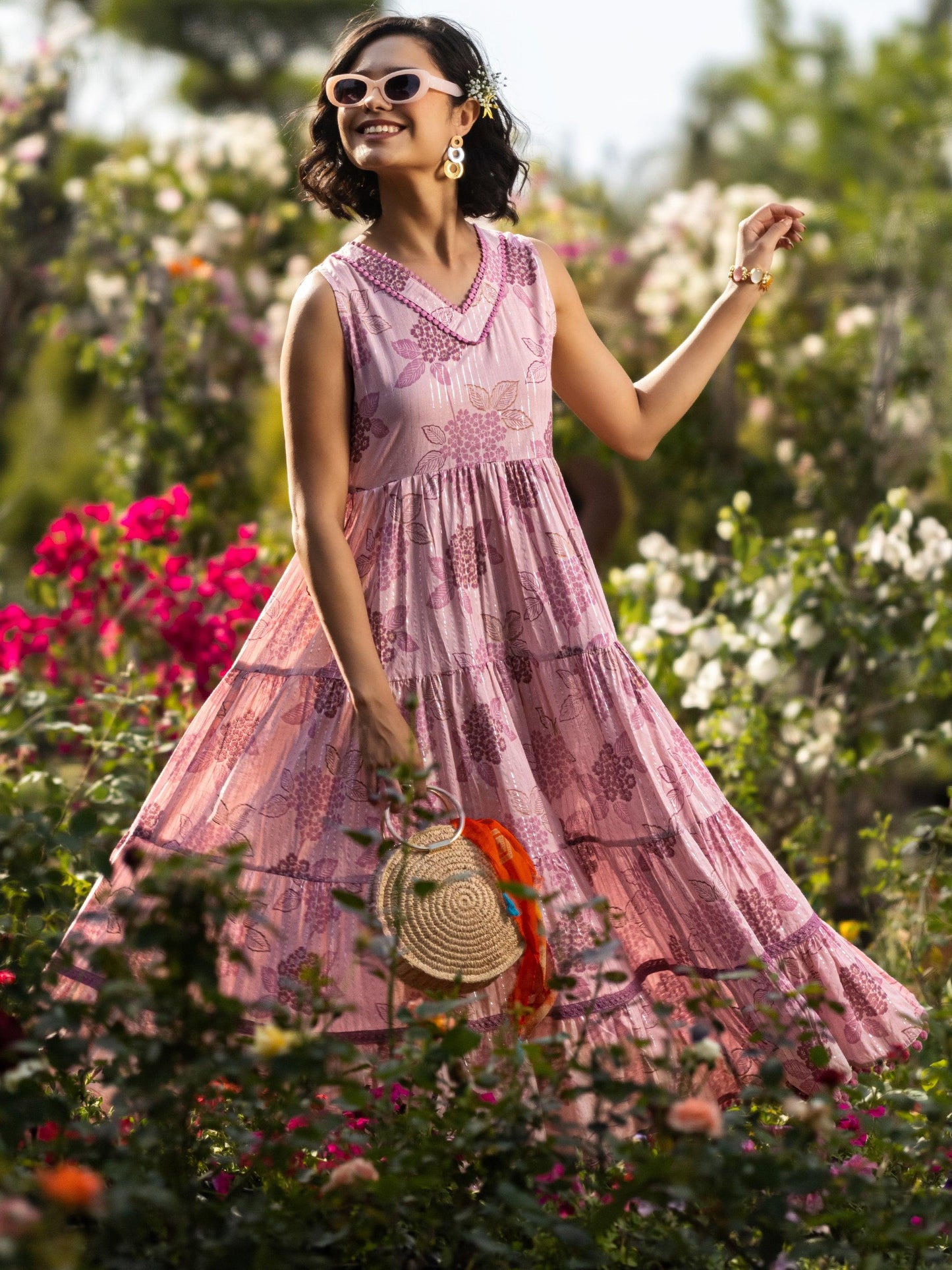 Mauve Printed Cotton Fit and Flare One Piece Dress