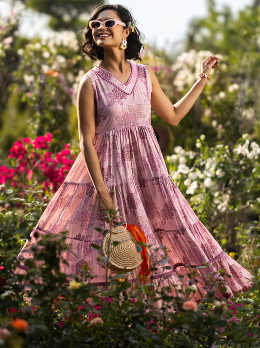 Mauve Printed Cotton Fit and Flare One Piece Dress