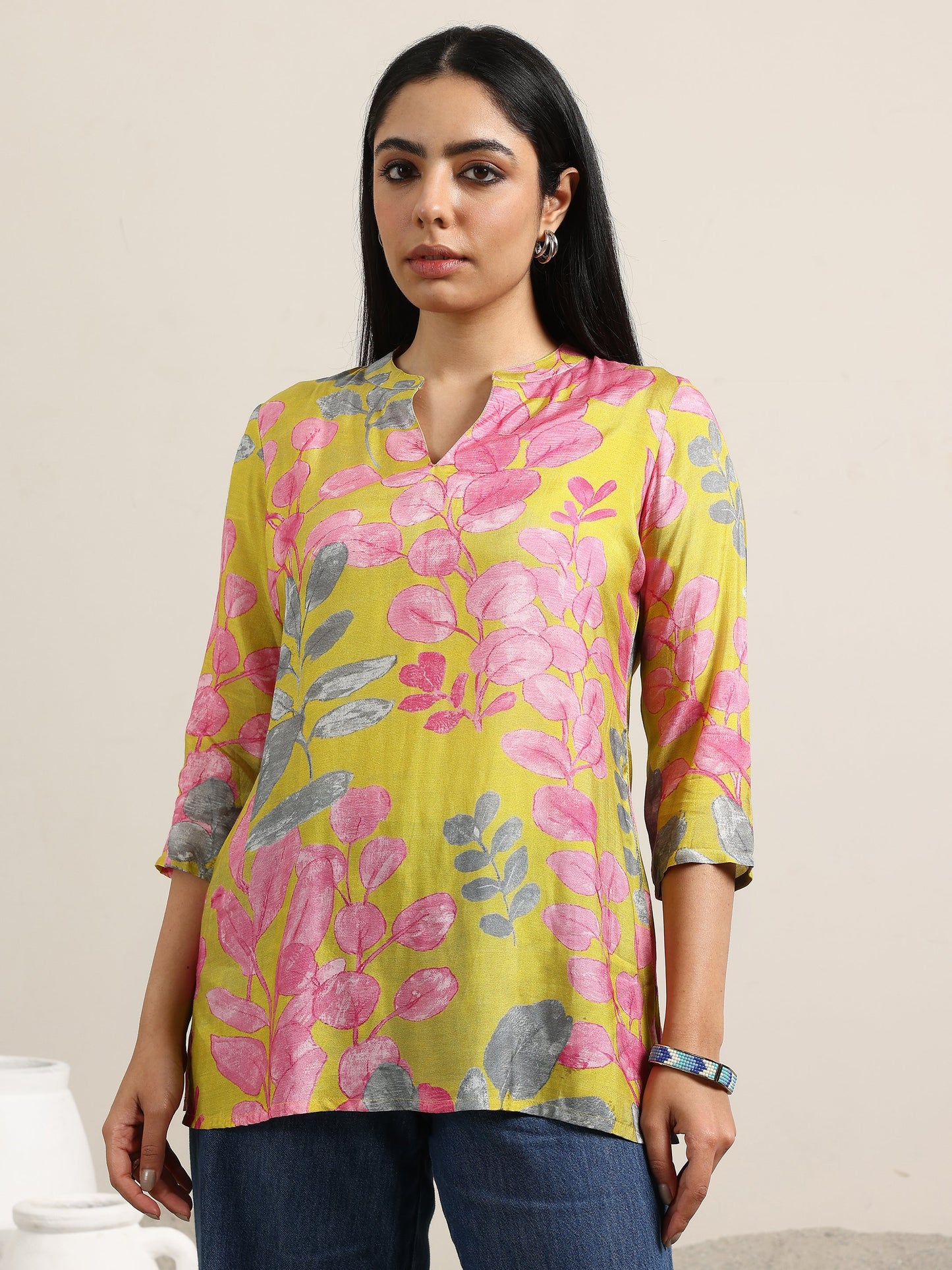 Mustard Printed Silk Blend Straight Tunic