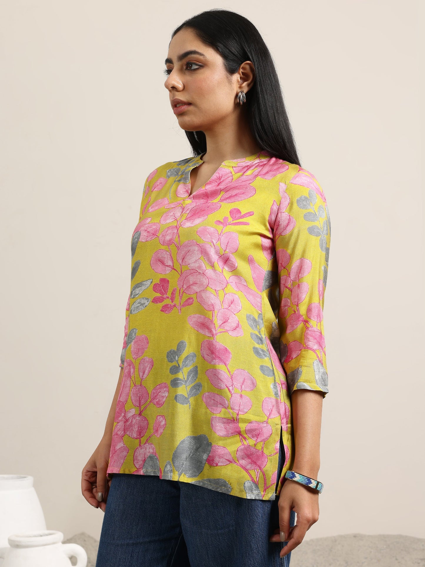 Mustard Printed Silk Blend Straight Tunic