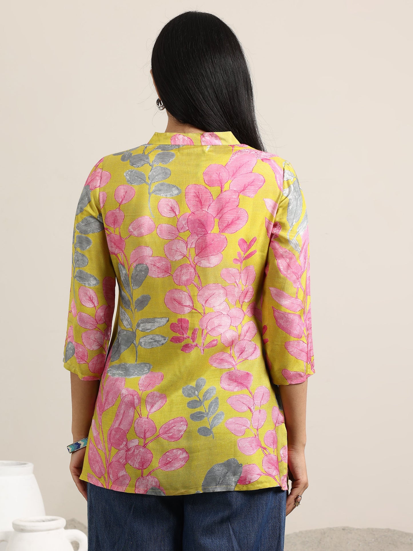 Mustard Printed Silk Blend Straight Tunic