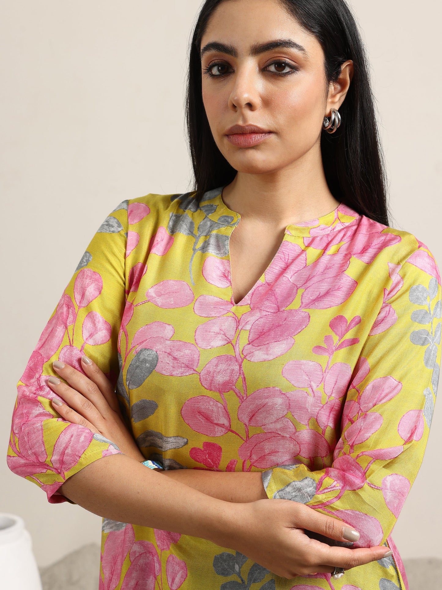 Mustard Printed Silk Blend Straight Tunic