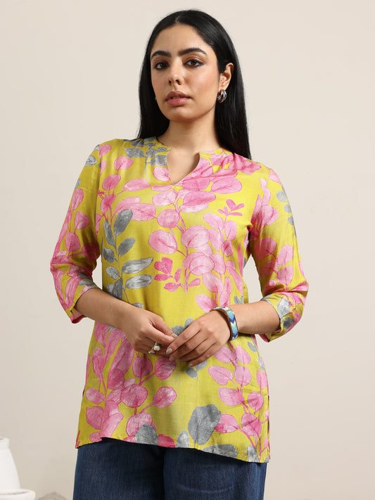 Mustard Printed Silk Blend Straight Tunic