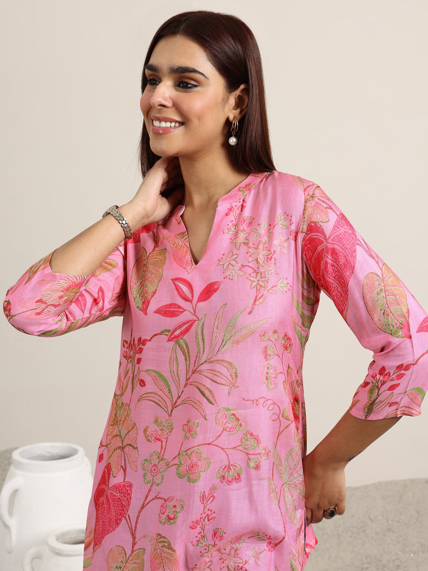 Pink Printed Silk Blend Straight Tunic