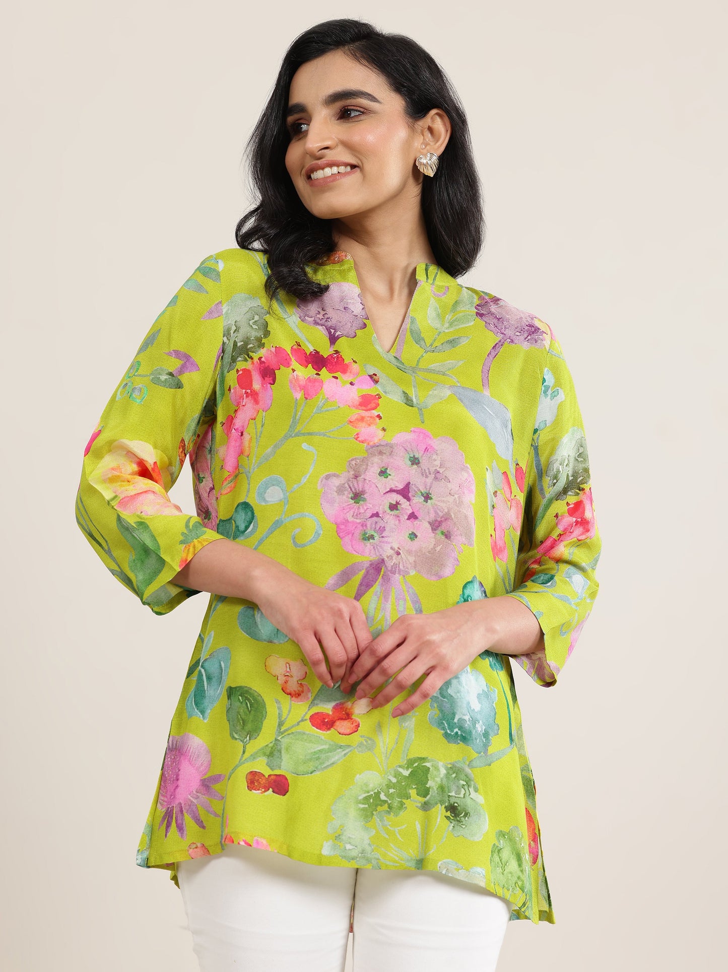 Green Printed Silk Blend  Short Kurti