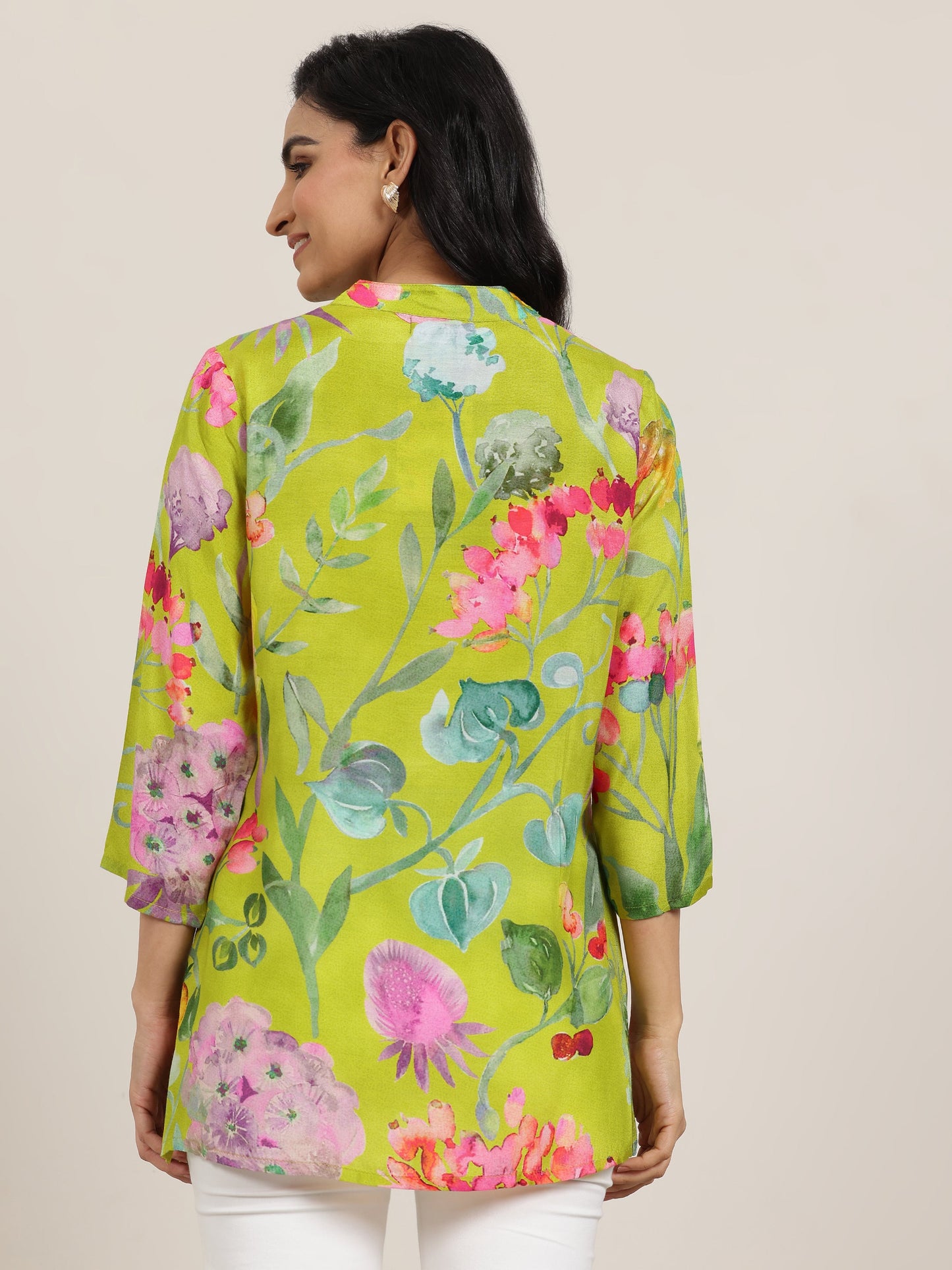 Green Printed Silk Blend  Short Kurti