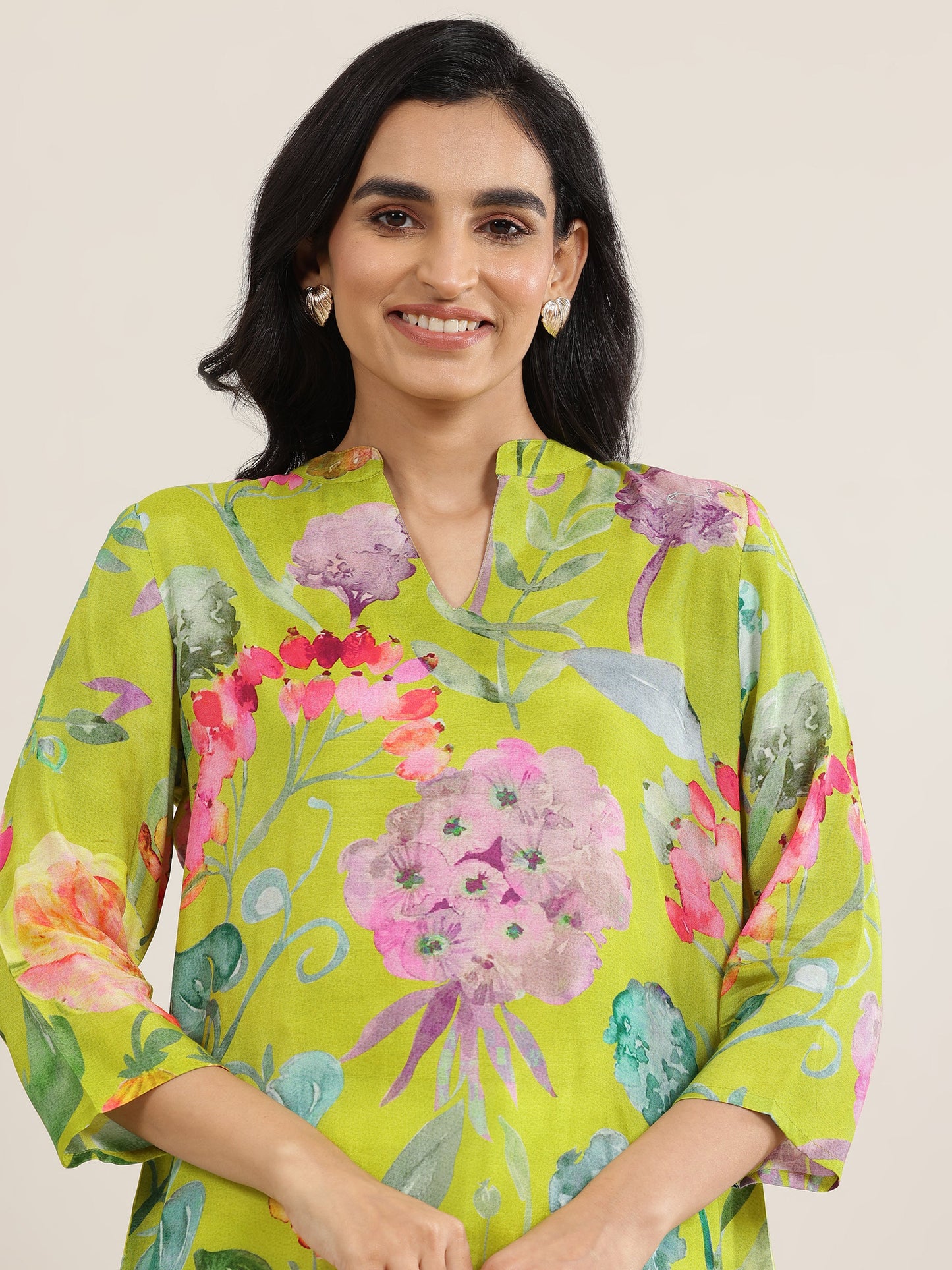 Green Printed Silk Blend  Short Kurti
