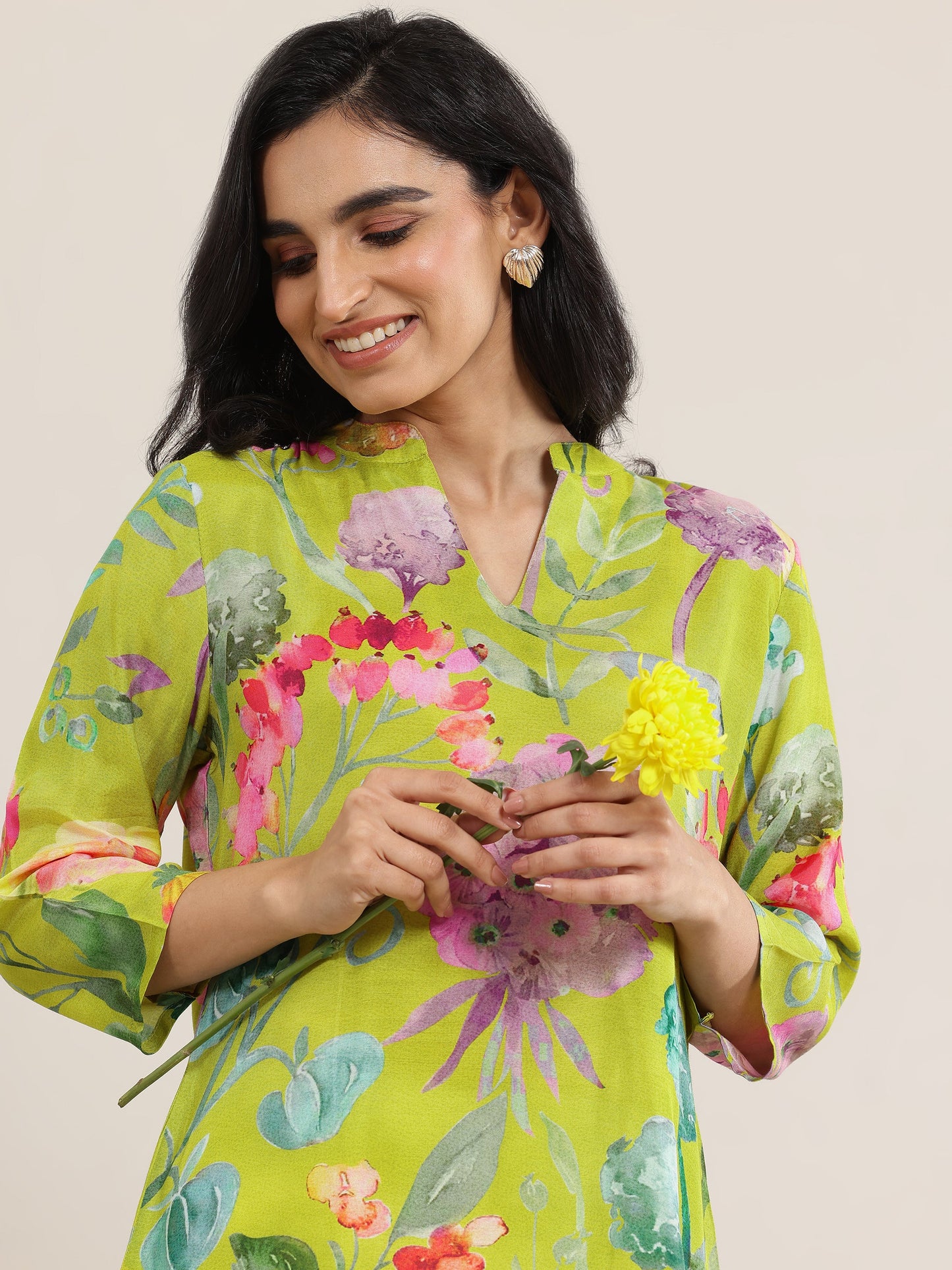 Green Printed Silk Blend  Short Kurti