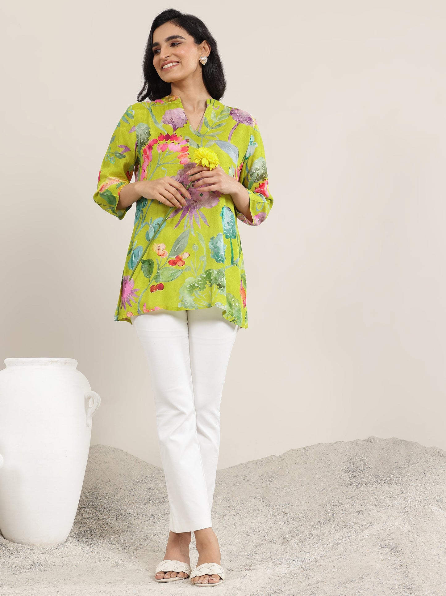 Green Printed Silk Blend  Short Kurti