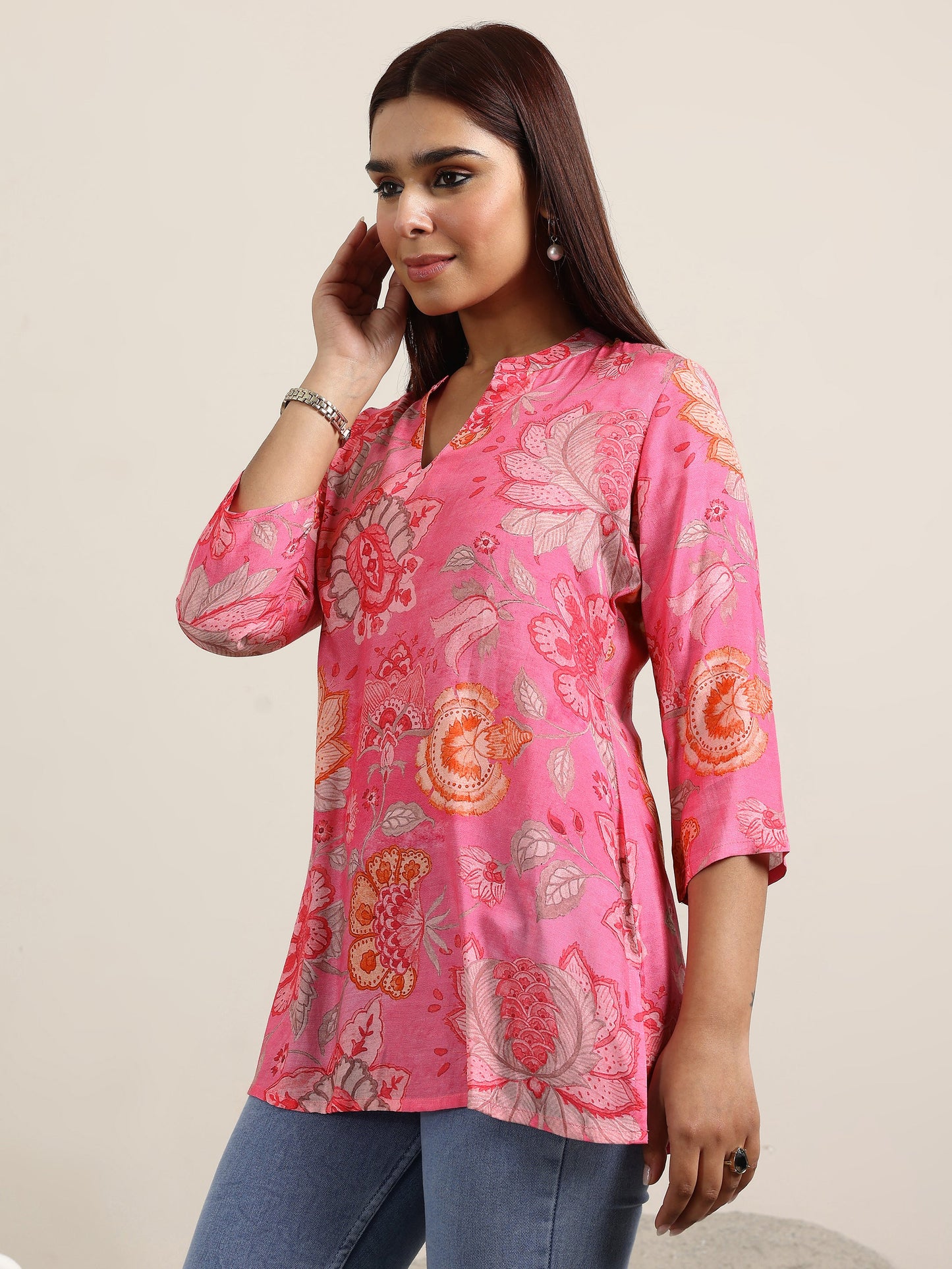 Pink Printed Silk Blend Straight Tunic