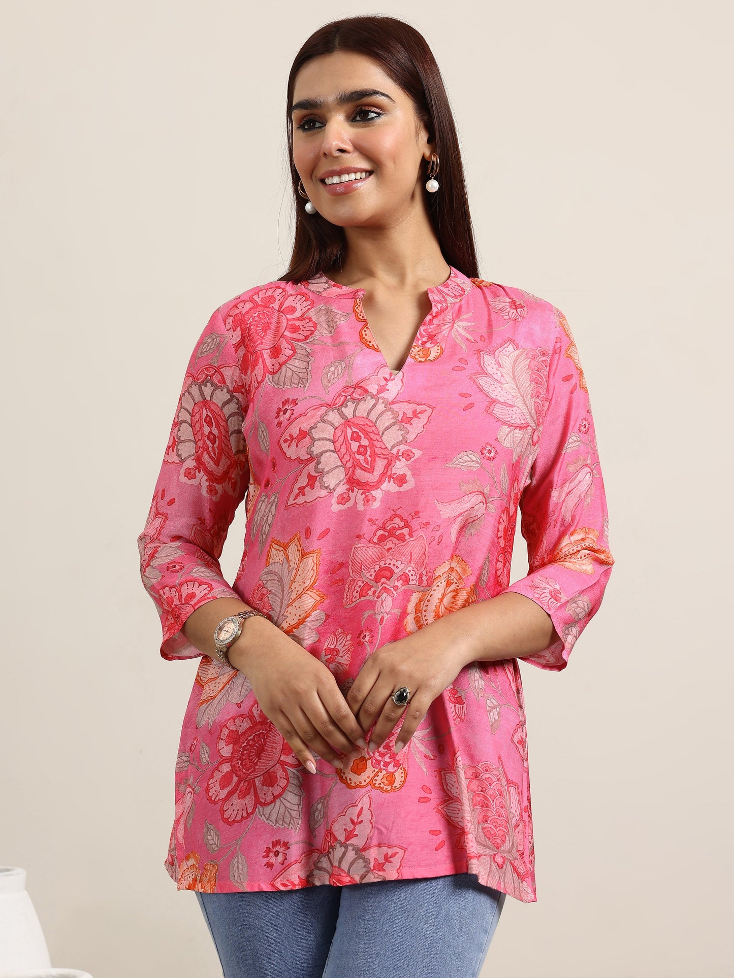 Pink Printed Silk Blend Straight Tunic