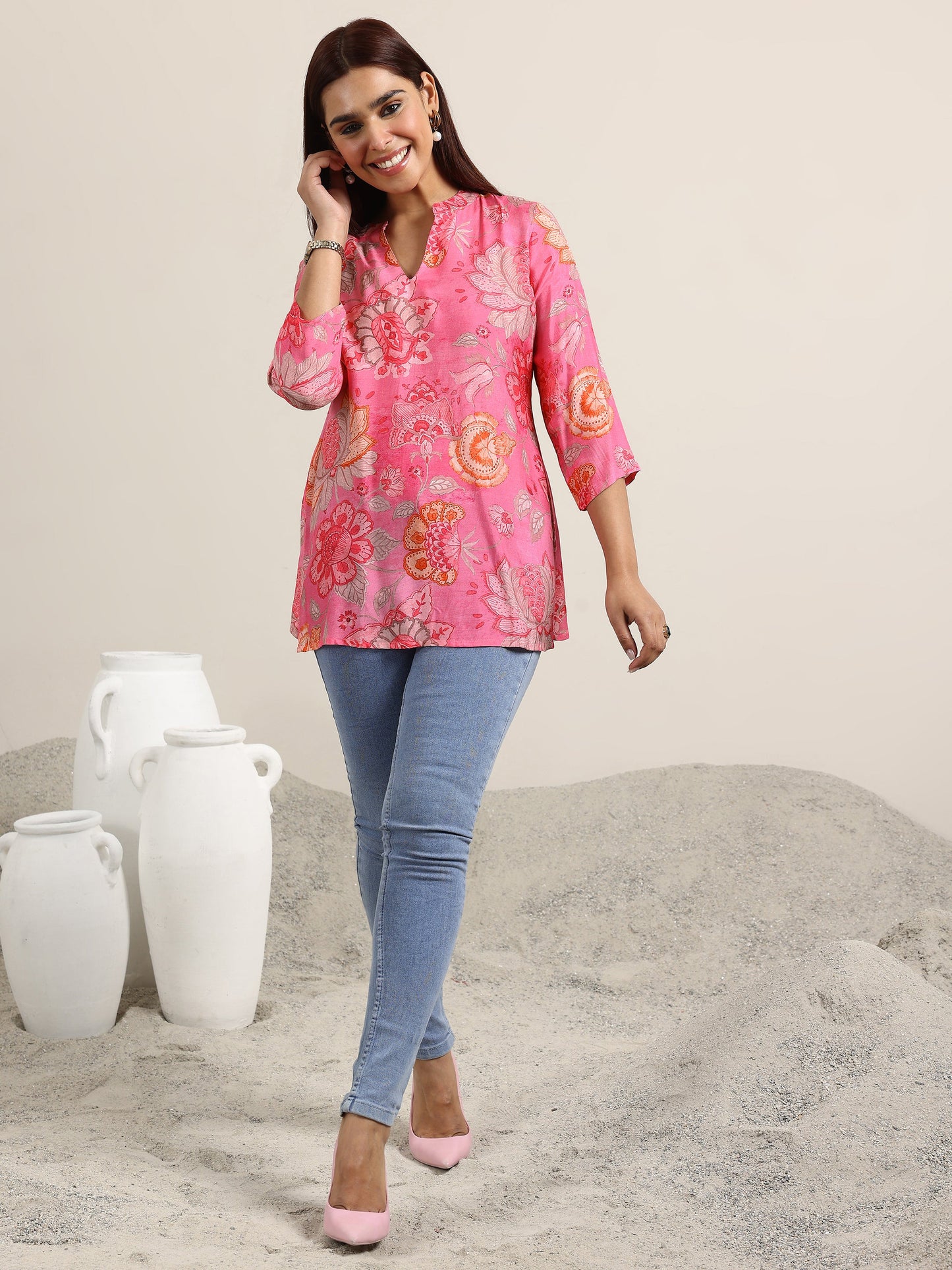 Pink Printed Silk Blend Straight Tunic