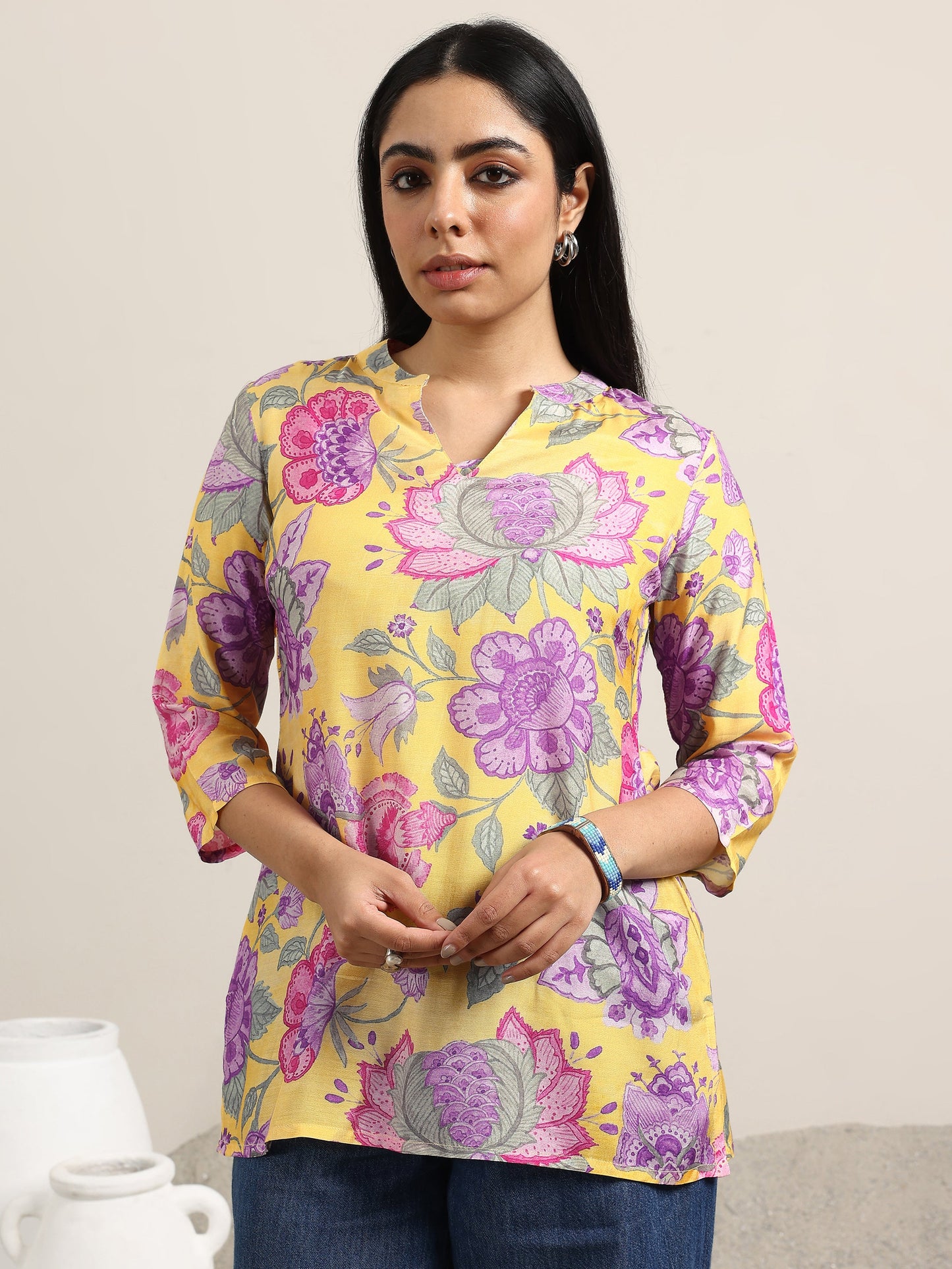 Yellow Printed Silk Blend Straight Tunic