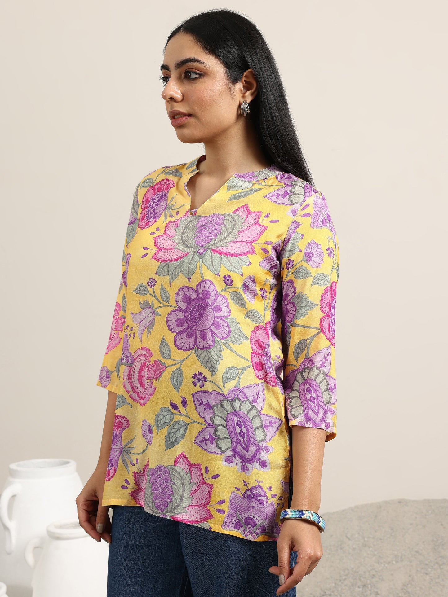 Yellow Printed Silk Blend Straight Tunic