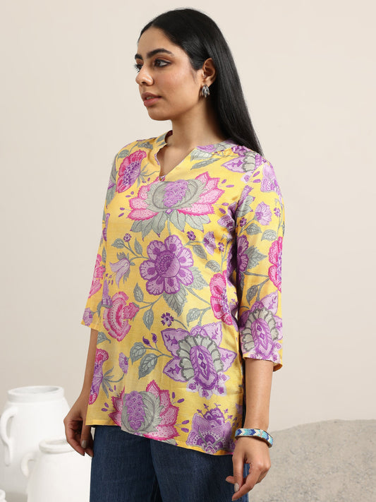 Yellow Printed Silk Blend Straight Tunic