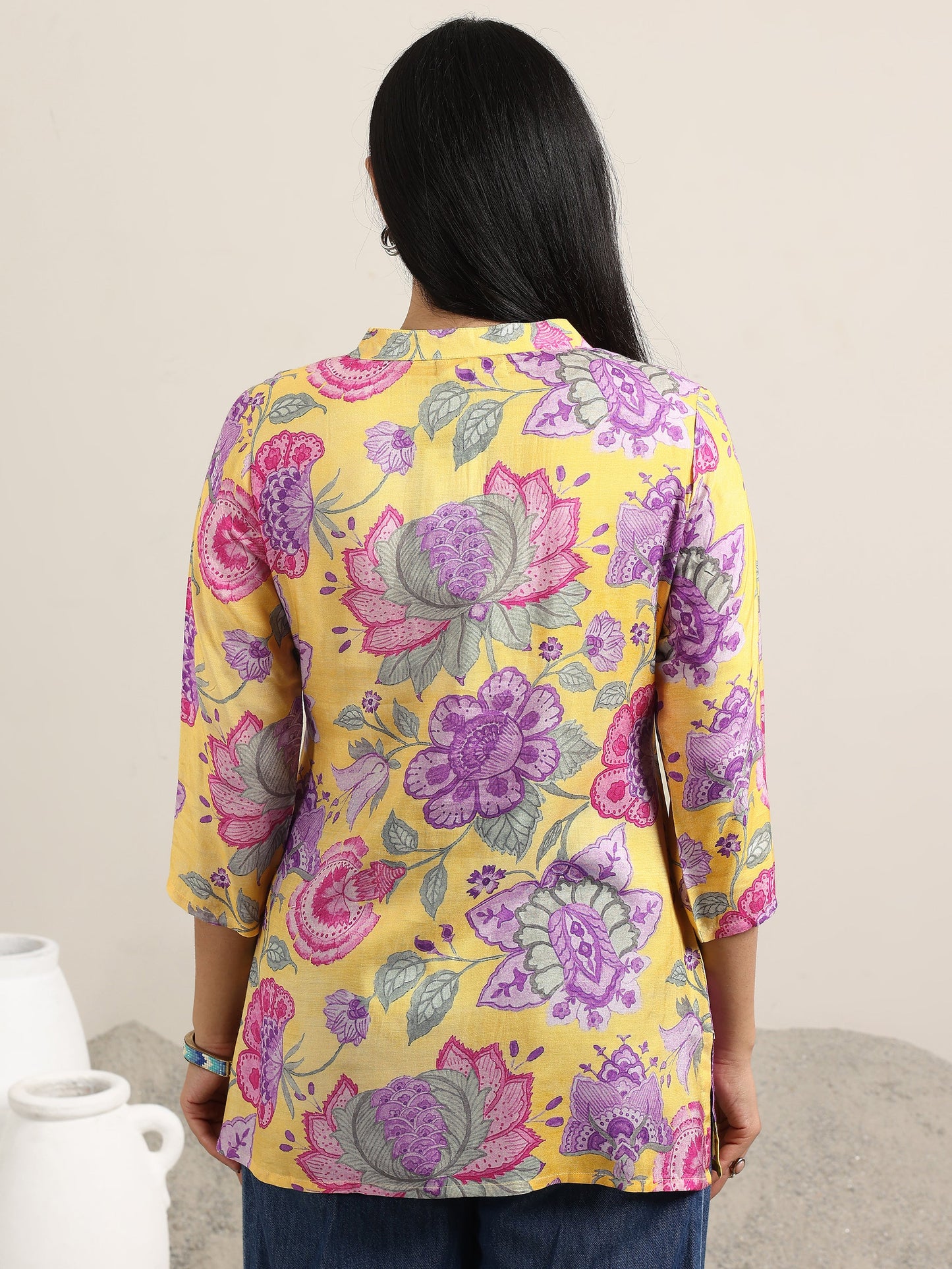 Yellow Printed Silk Blend Straight Tunic