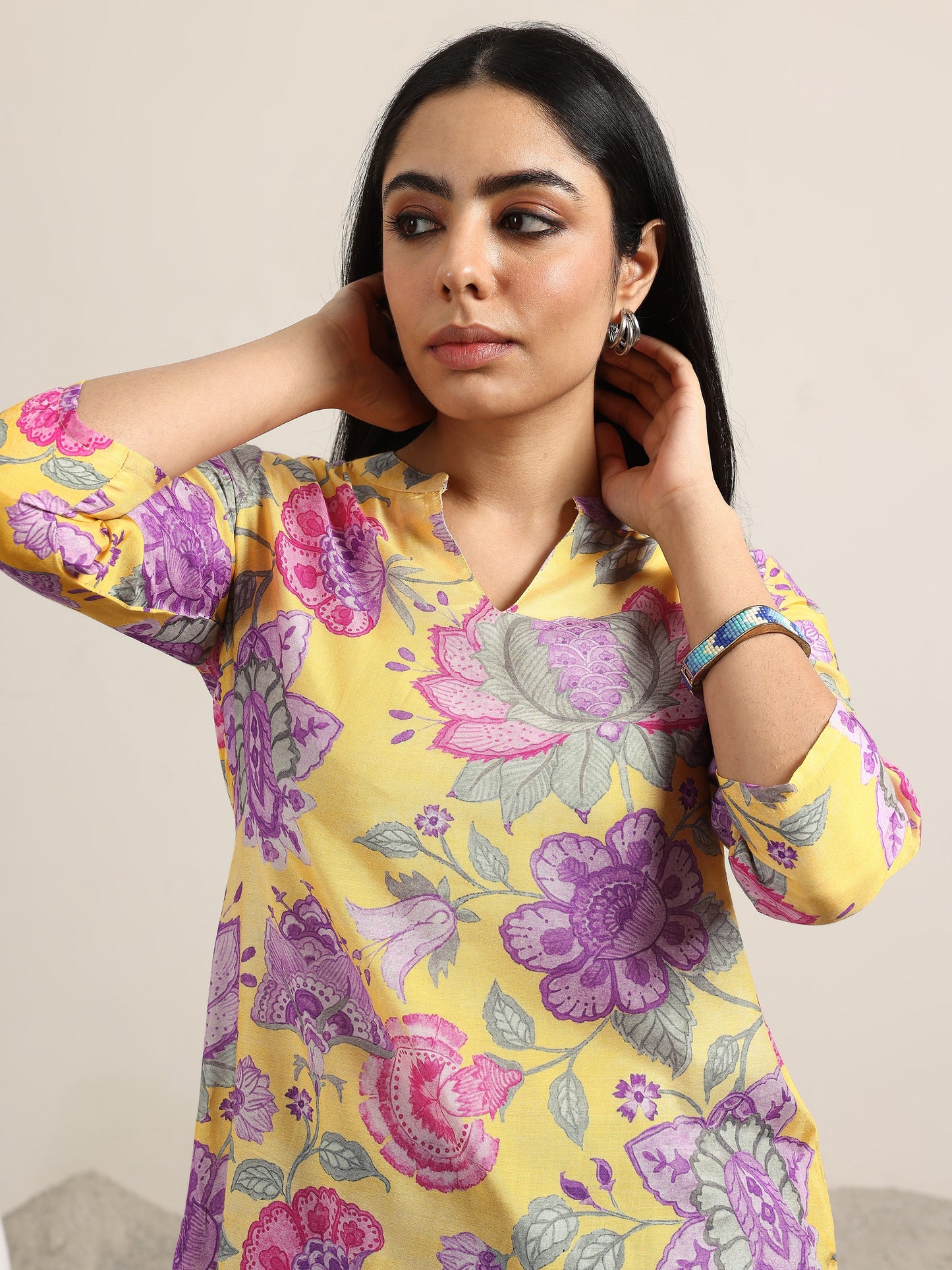 Yellow Printed Silk Blend Straight Tunic