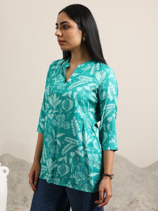 Rama Green Printed Silk Blend Straight Tunic