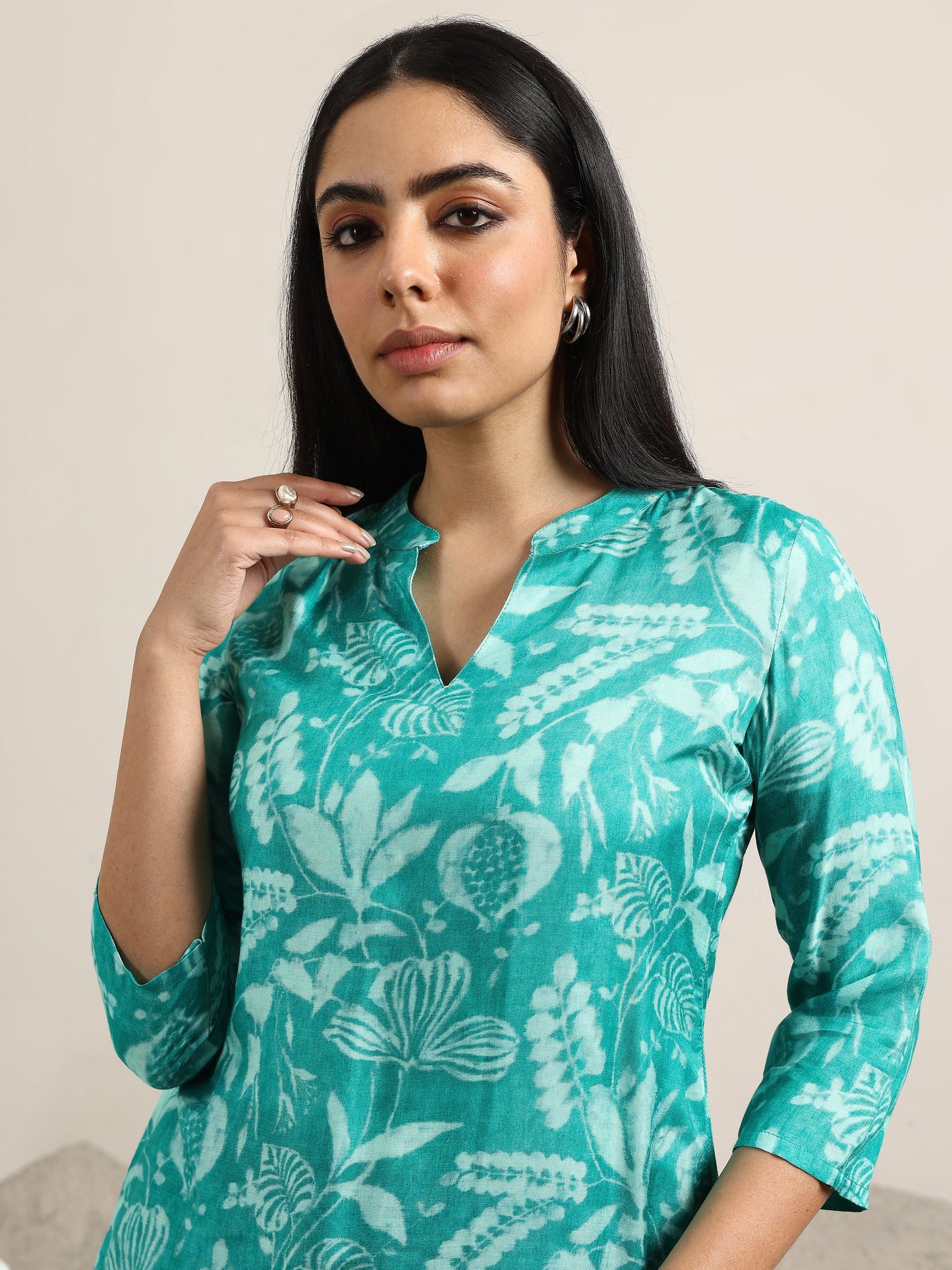 Rama Green Printed Silk Blend Straight Tunic