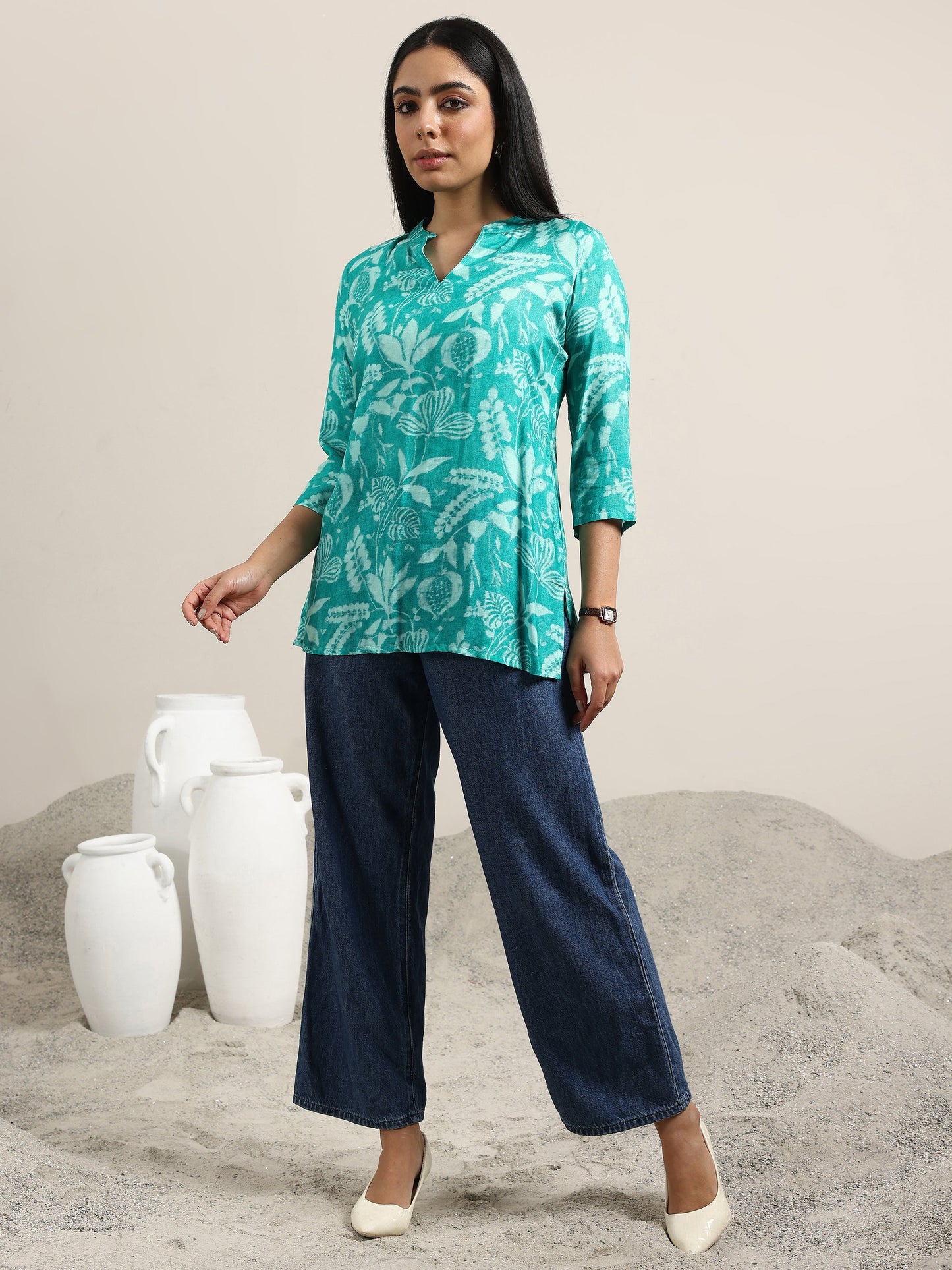 Rama Green Printed Silk Blend Straight Tunic