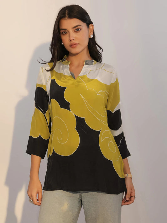 Black Printed Silk Blend Tunic