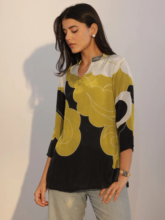 Black Printed Silk Blend Tunic