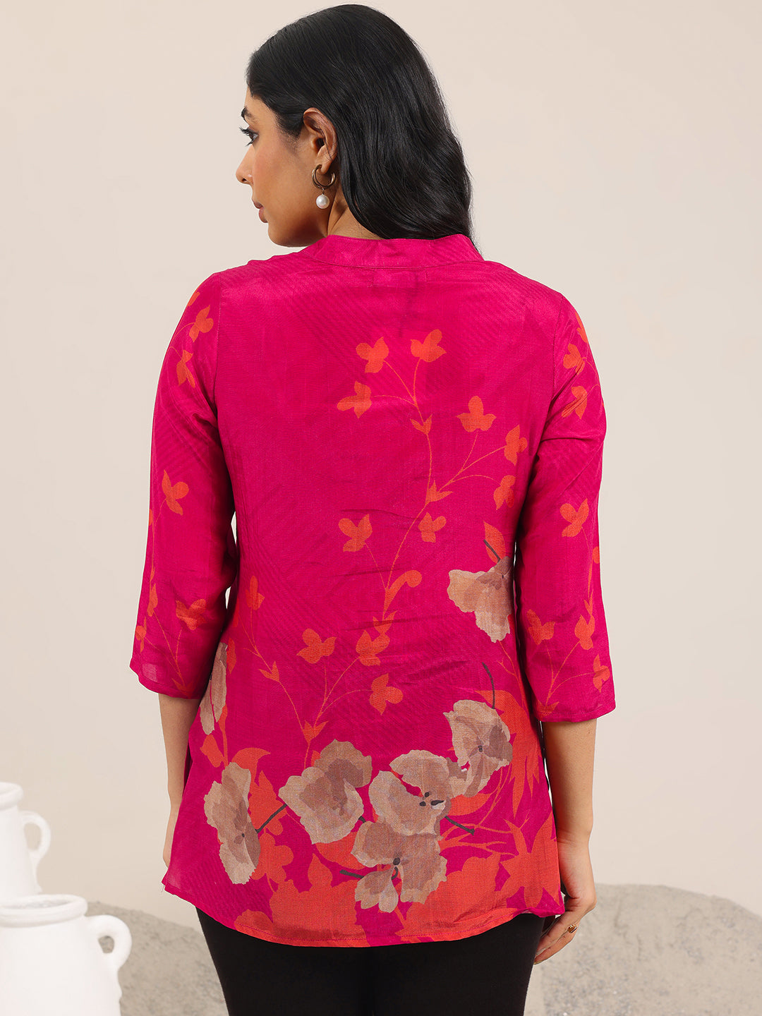 Red Printed Silk Blend Straight Tunic