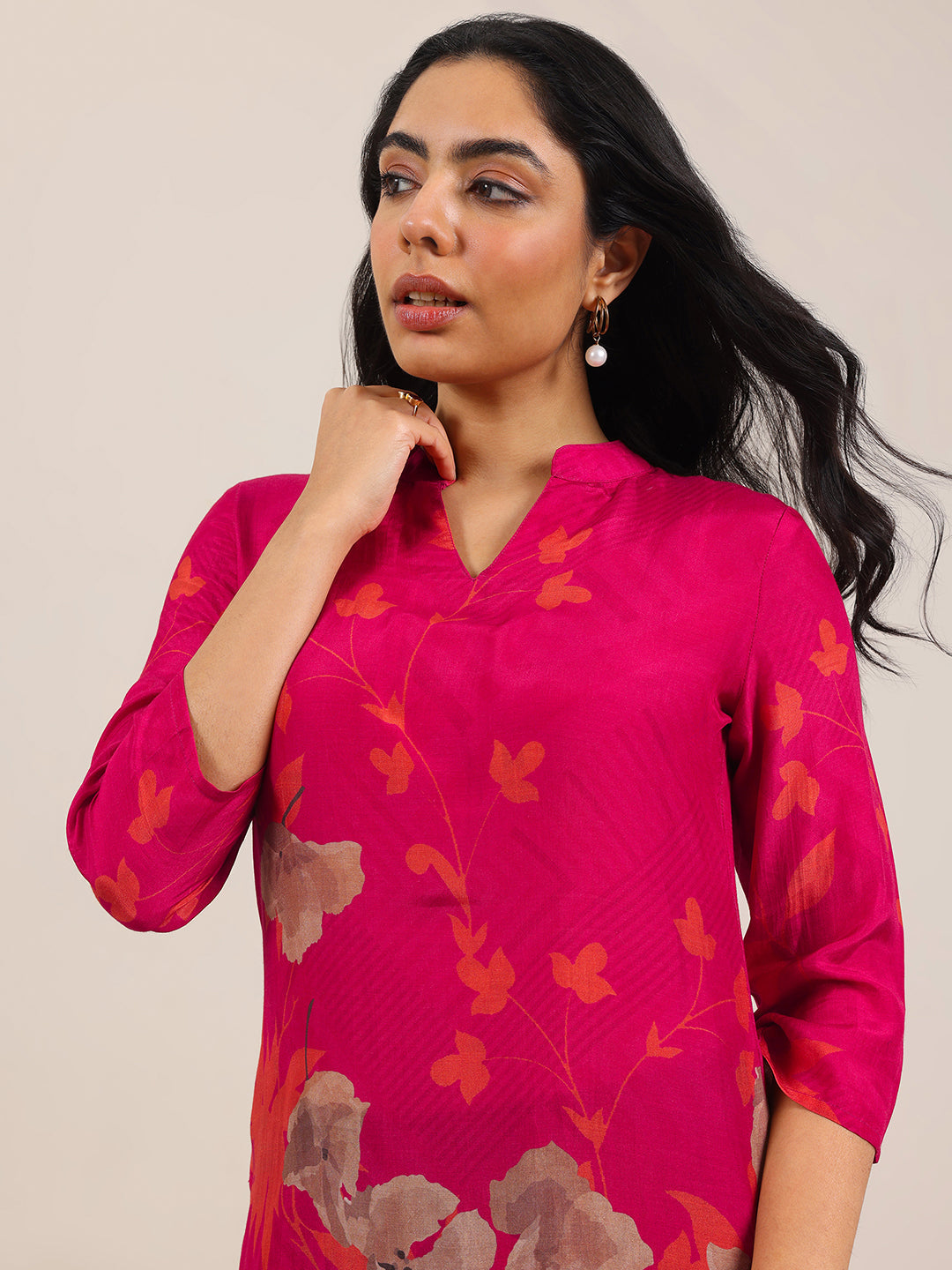 Red Printed Silk Blend Straight Tunic