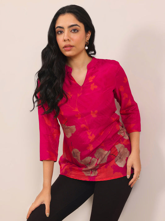 Red Printed Silk Blend Straight Tunic