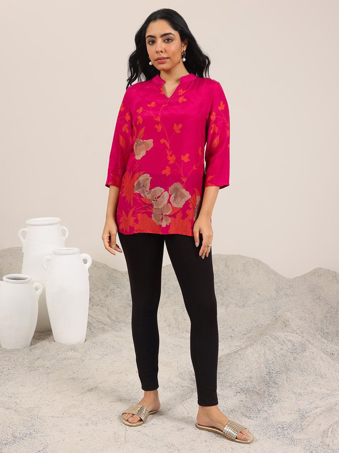 Red Printed Silk Blend Straight Tunic