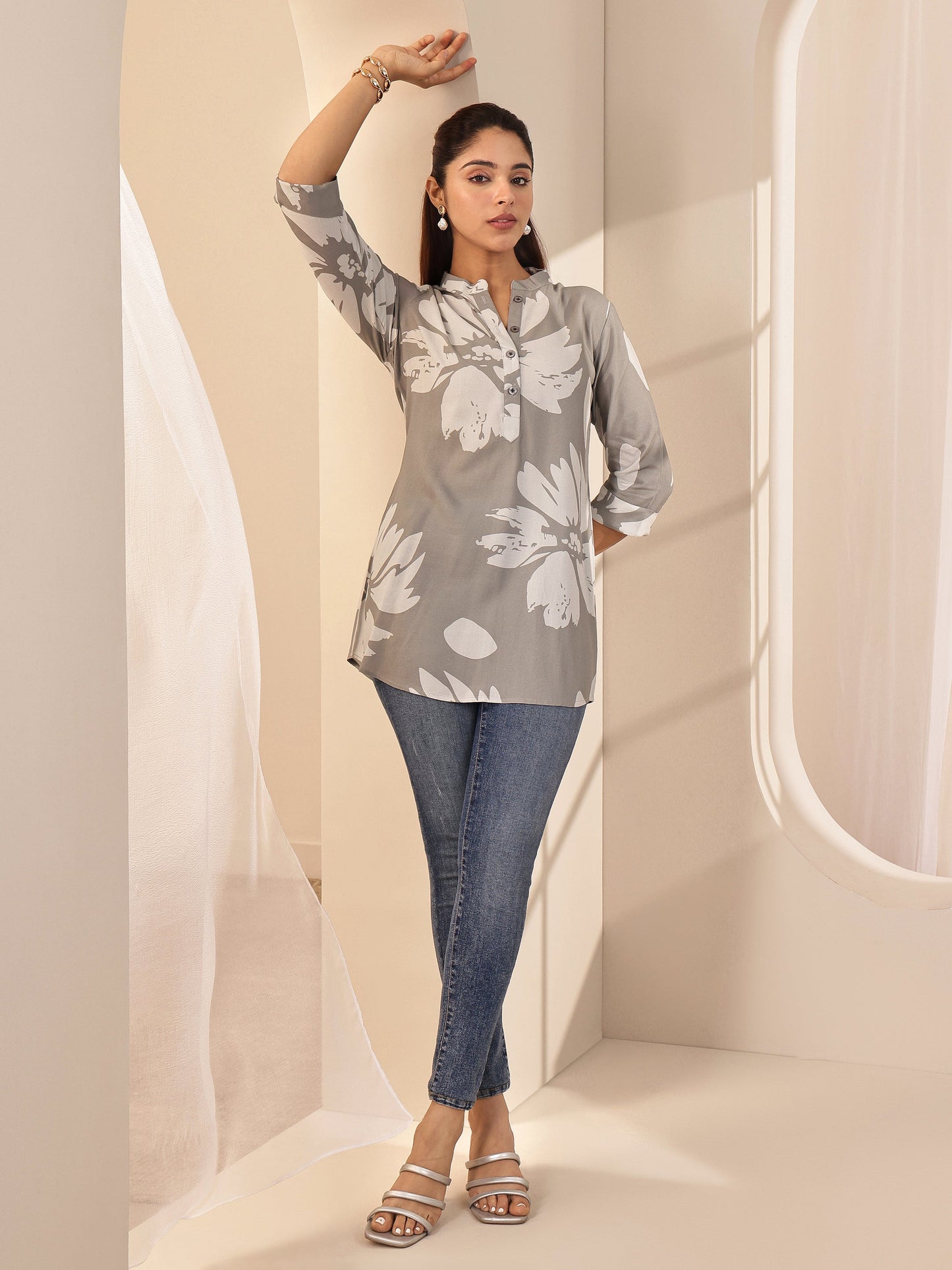 Grey Printed Rayon Straight Tunic