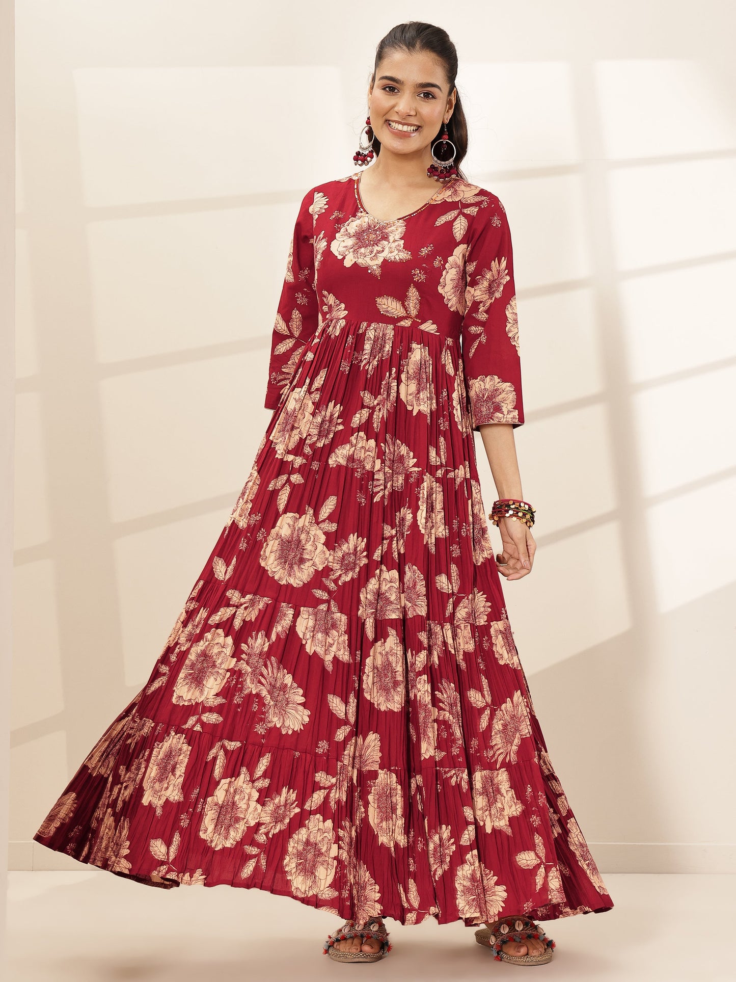 Maroon Printed Cotton Blend Fit and Flared One Piece Dress