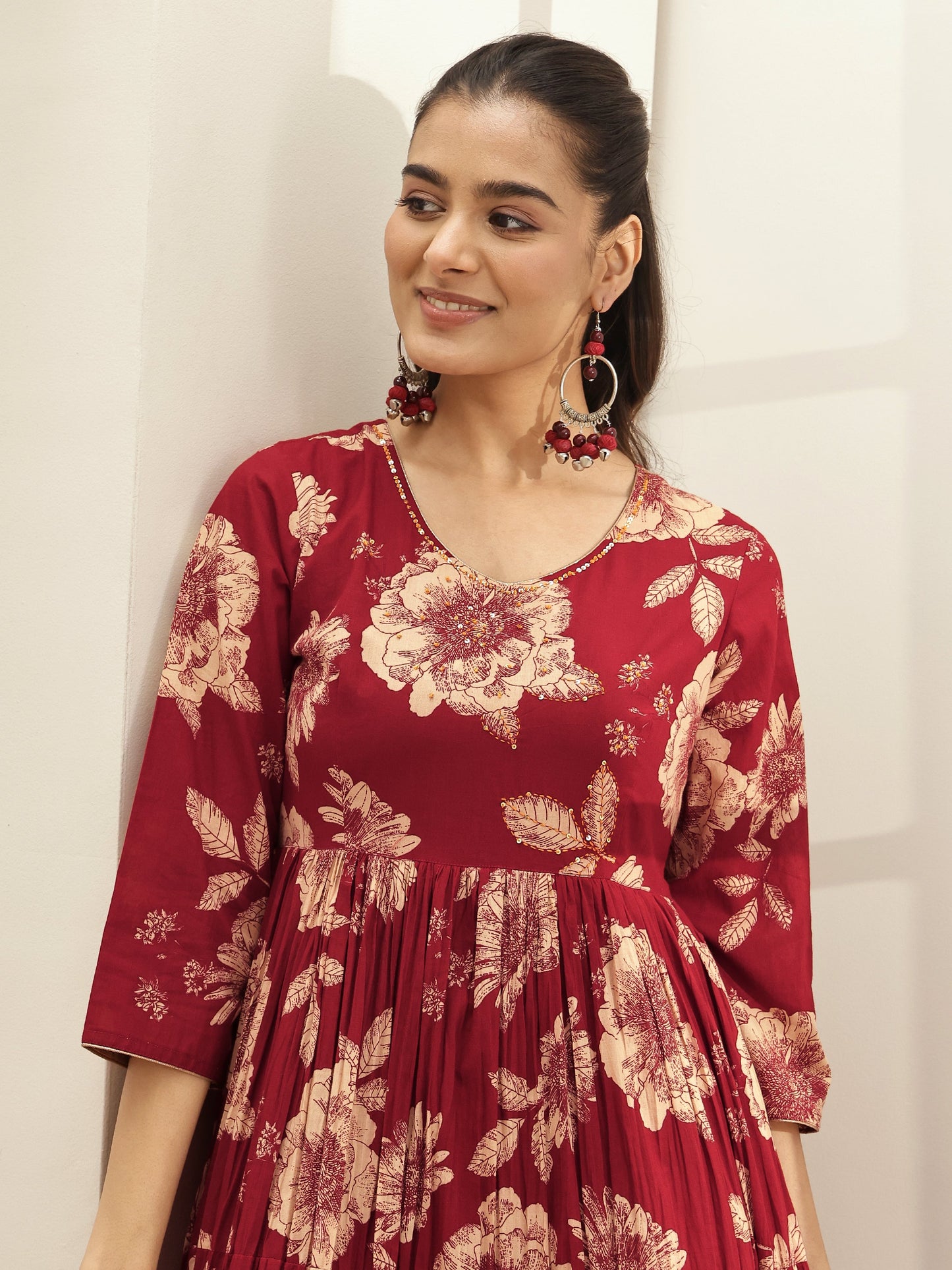 Maroon Printed Cotton Blend Fit and Flared One Piece Dress