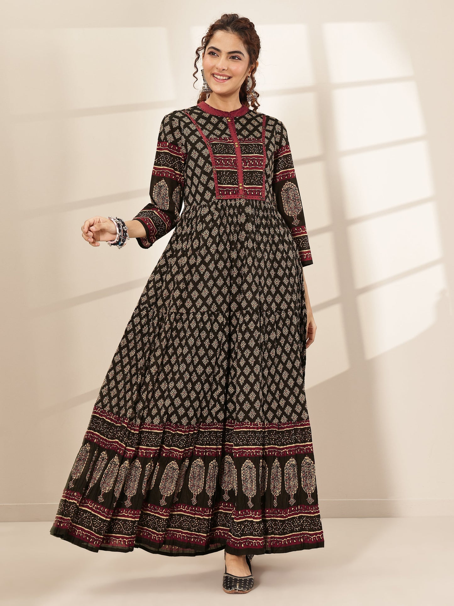 Black Printed Cotton Blend Fit and Flared One Piece Dress