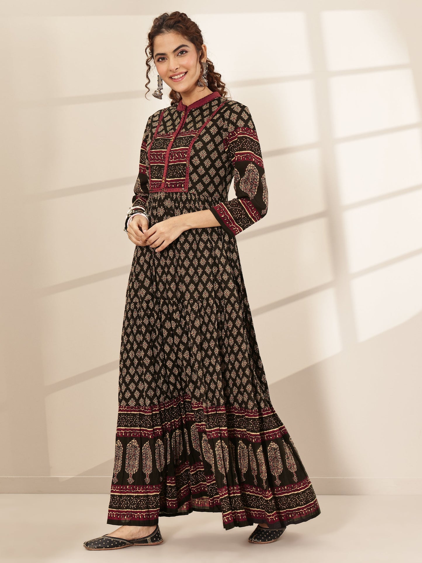 Black Printed Cotton Blend Fit and Flared One Piece Dress