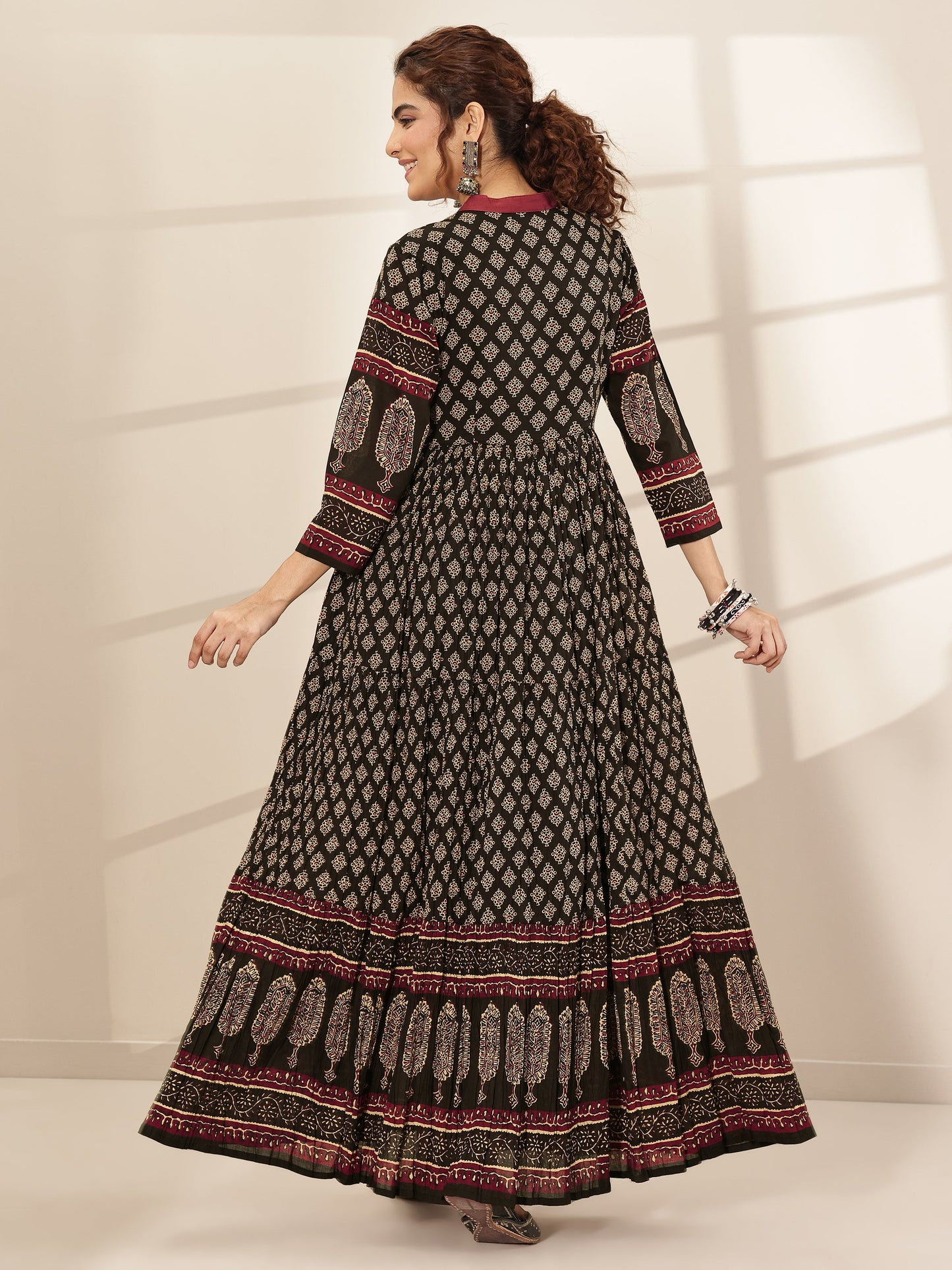 Black Printed Cotton Blend Fit and Flared One Piece Dress