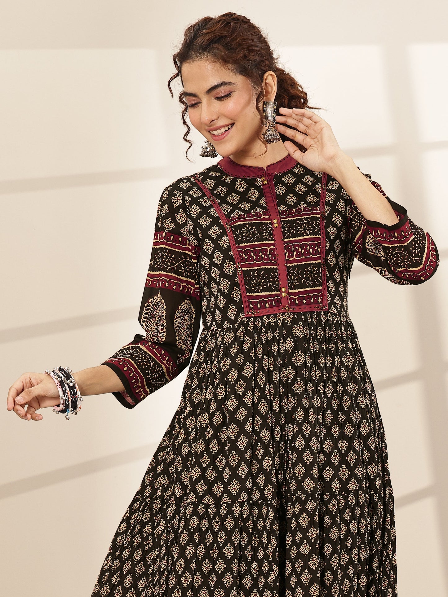 Black Printed Cotton Blend Fit and Flared One Piece Dress