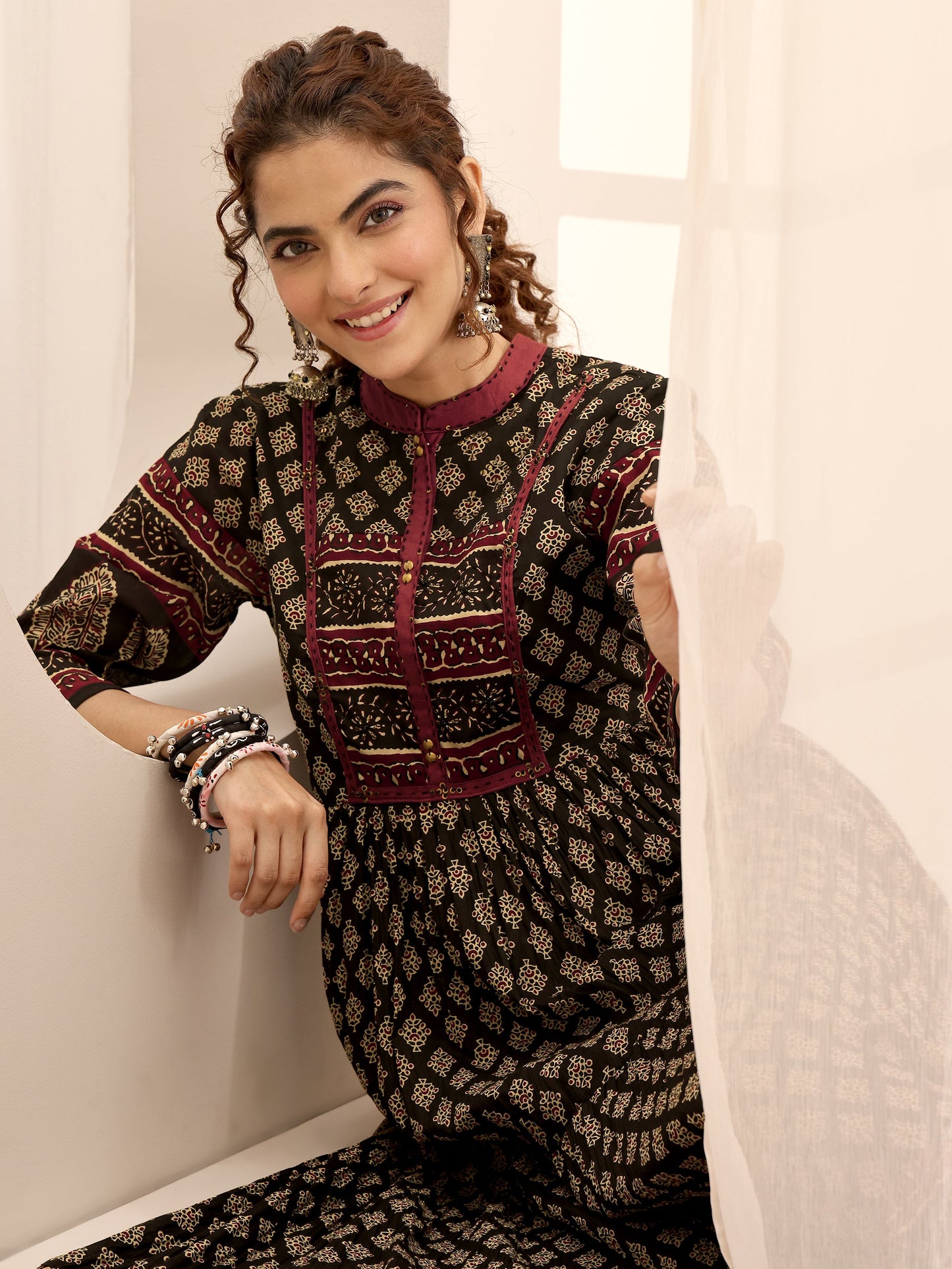 Black Printed Cotton Blend Fit and Flared One Piece Dress