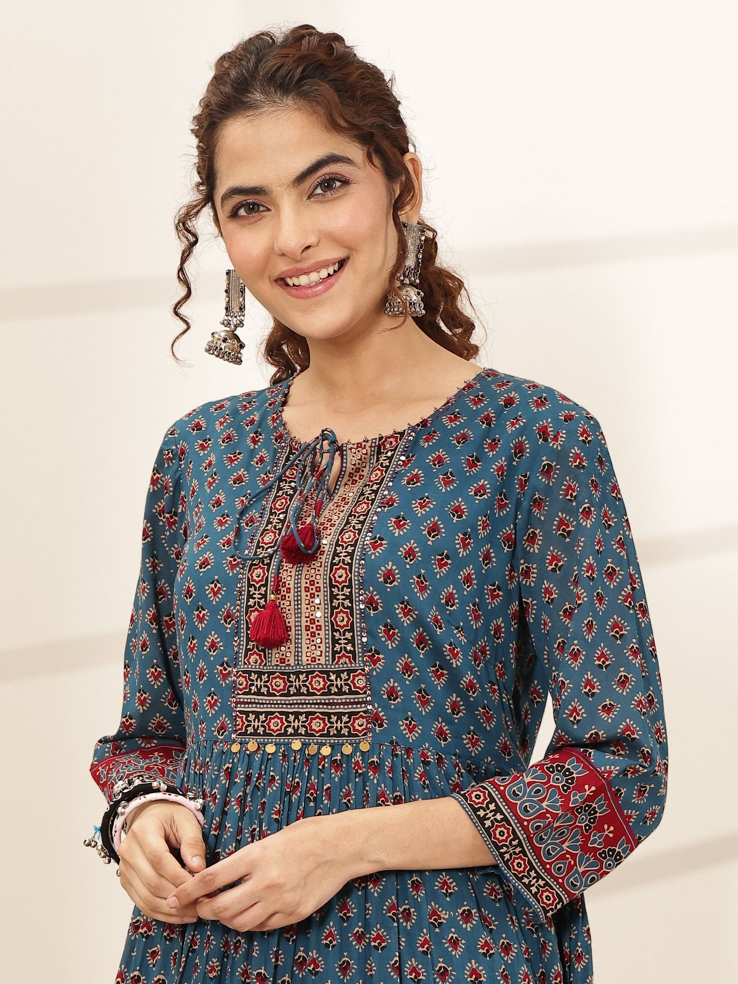 Blue Printed Cotton Blend Fit and Flared One Piece Dress