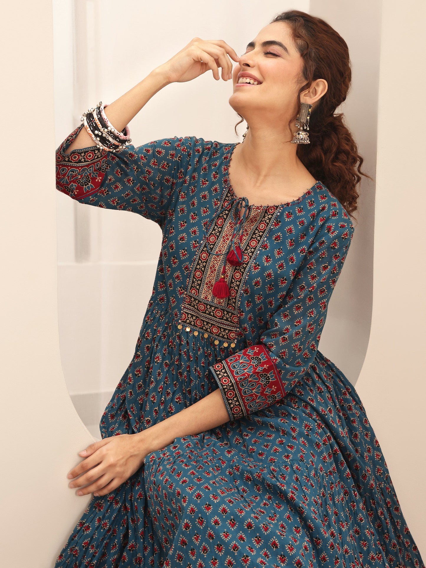 Blue Printed Cotton Blend Fit and Flared One Piece Dress