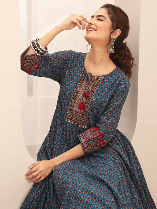 Blue Printed Cotton Blend Fit and Flared One Piece Dress