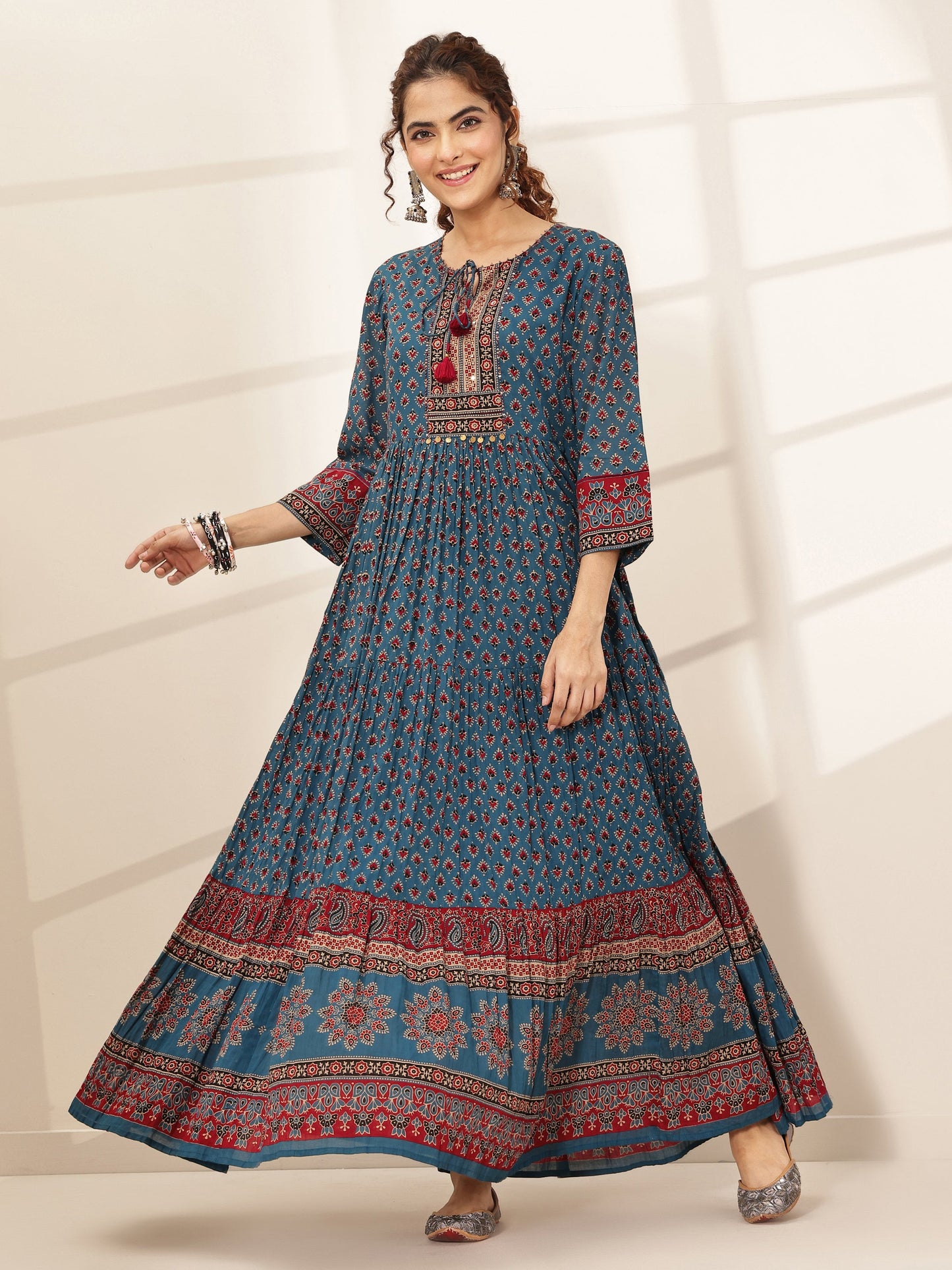 Blue Printed Cotton Blend Fit and Flared One Piece Dress