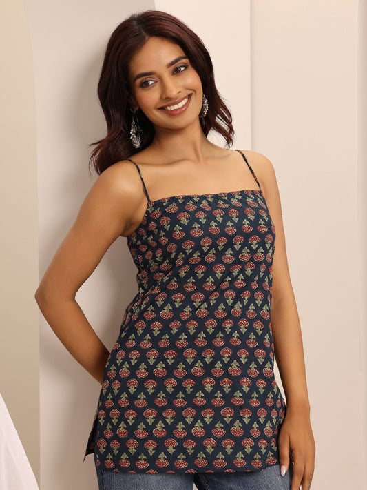 Navy Blue Printed Cotton Blend Straight Short Kurti