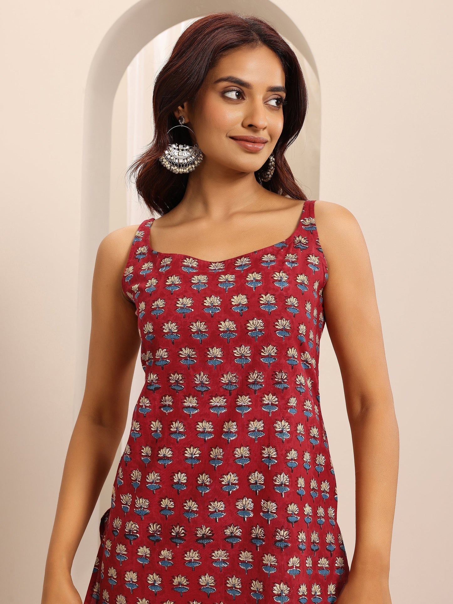 Red Printed Cotton Blend Straight Short Kurti