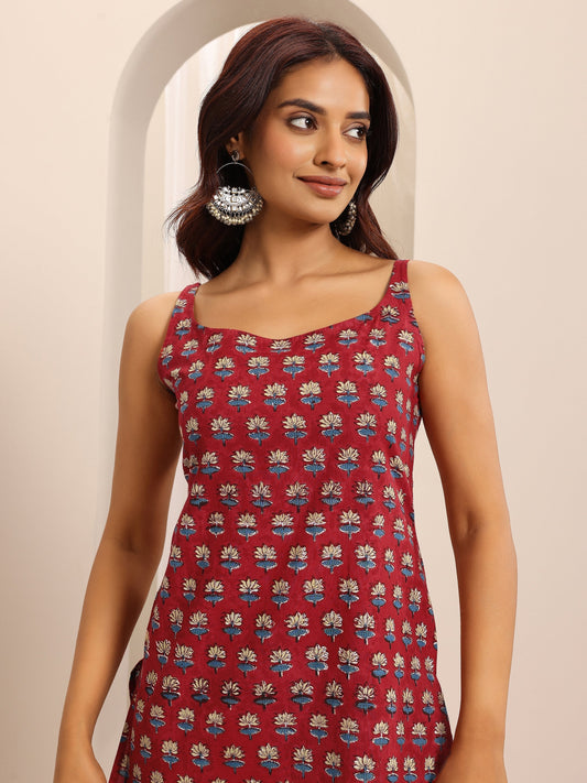 Red Printed Cotton Blend Straight Short Kurti