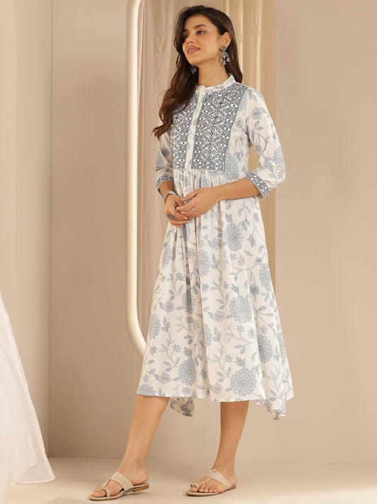 White Printed Rayon A-Line One Piece Dress