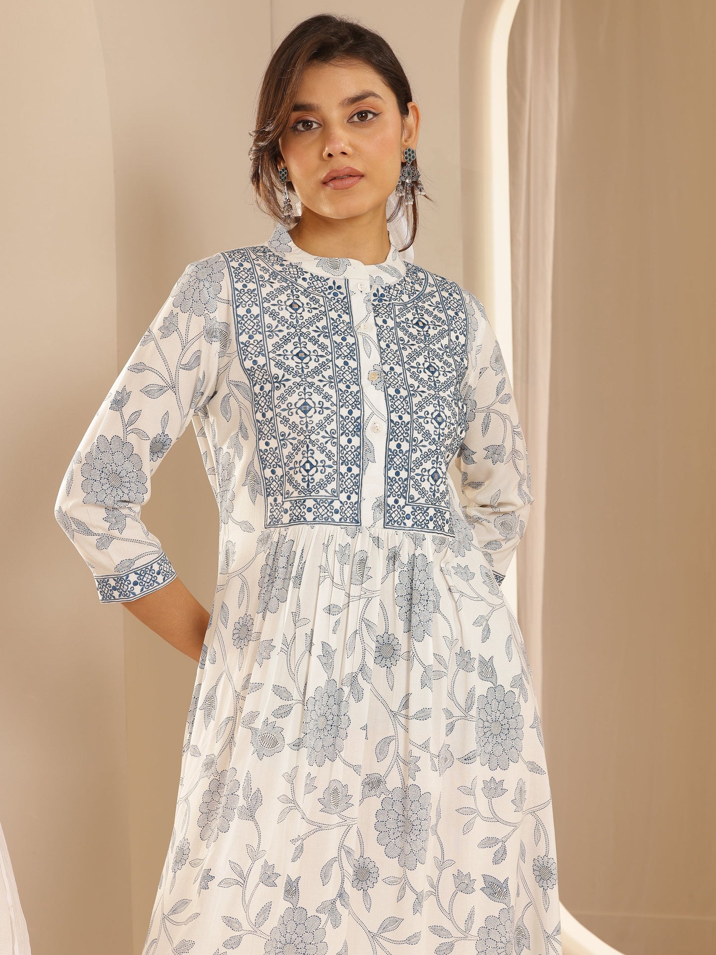 White Printed Rayon A-Line One Piece Dress