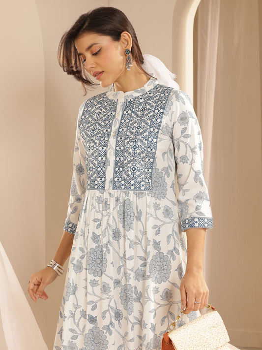 White Printed Rayon A-Line One Piece Dress