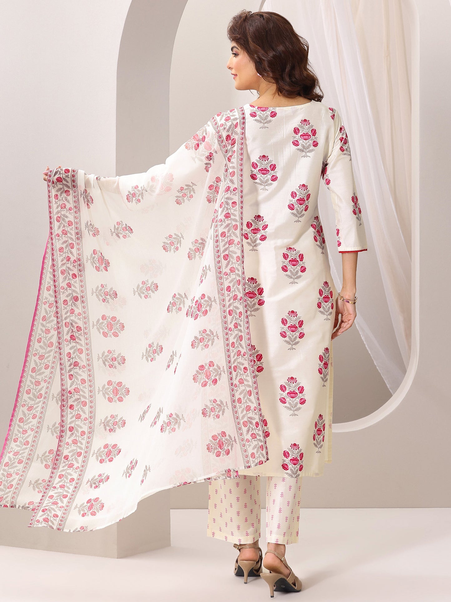 Off White Printed Chanderi Silk Straight Suit Set With Dupatta