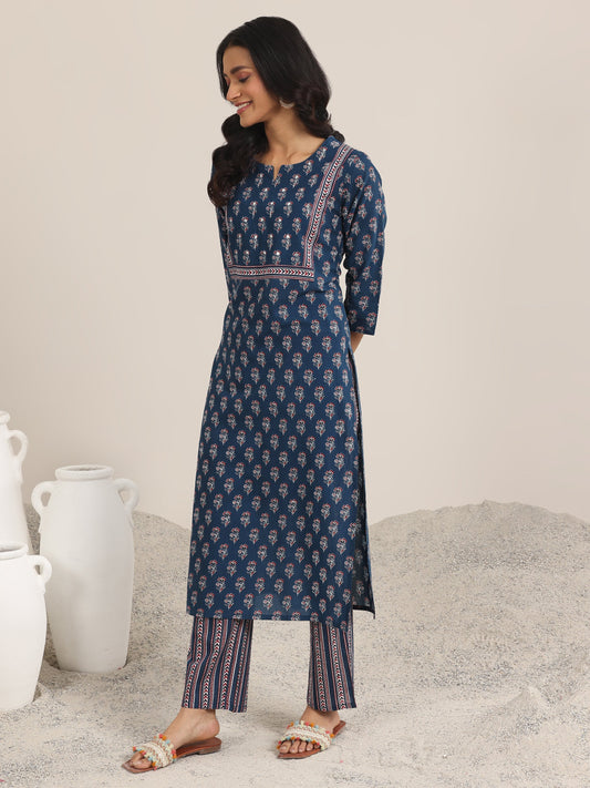 Blue Printed Cotton Straight Suit With Dupatta